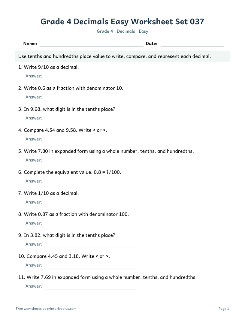 Preview of Grade 4 Decimals Easy Worksheet Set 037