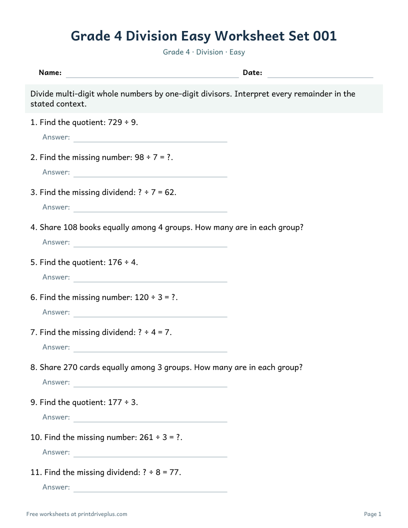 Preview of Grade 4 Division Easy Worksheet Set 001