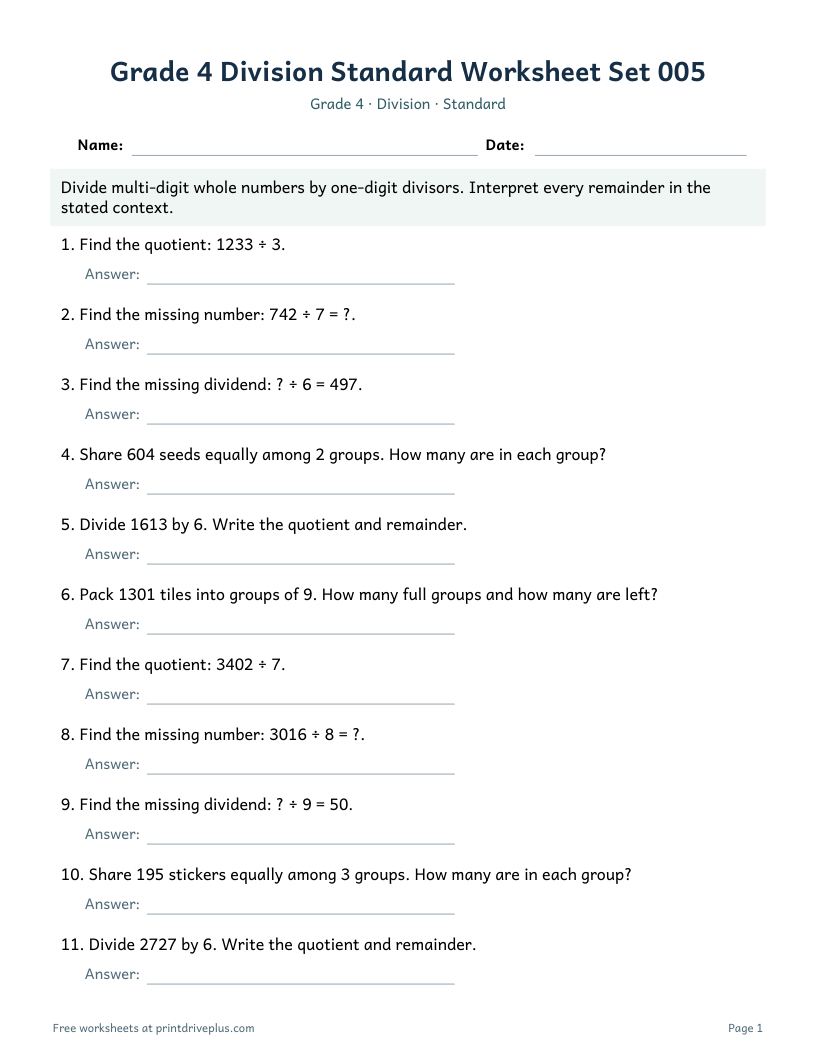 Preview of Grade 4 Division Standard Worksheet Set 005