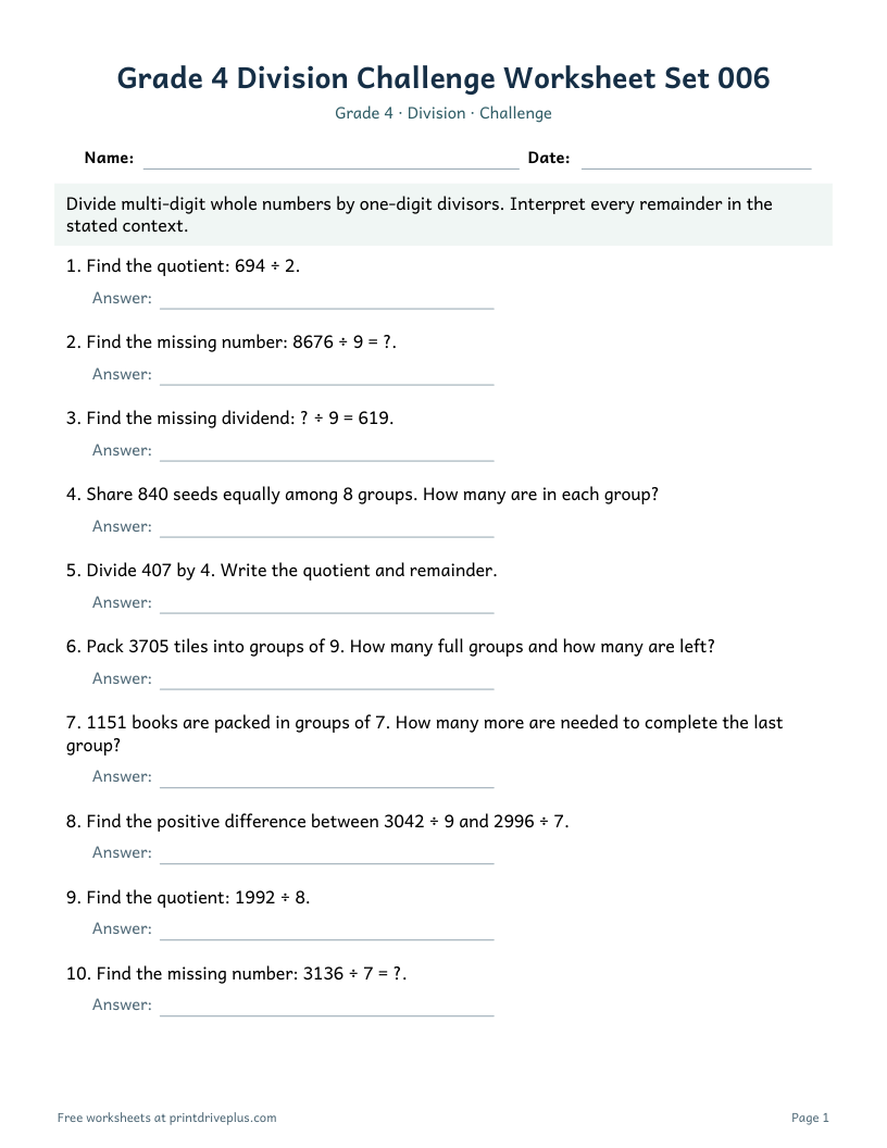 Preview of Grade 4 Division Challenge Worksheet Set 006