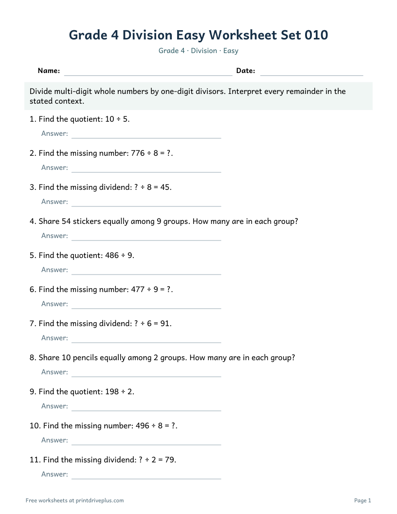 Preview of Grade 4 Division Easy Worksheet Set 010