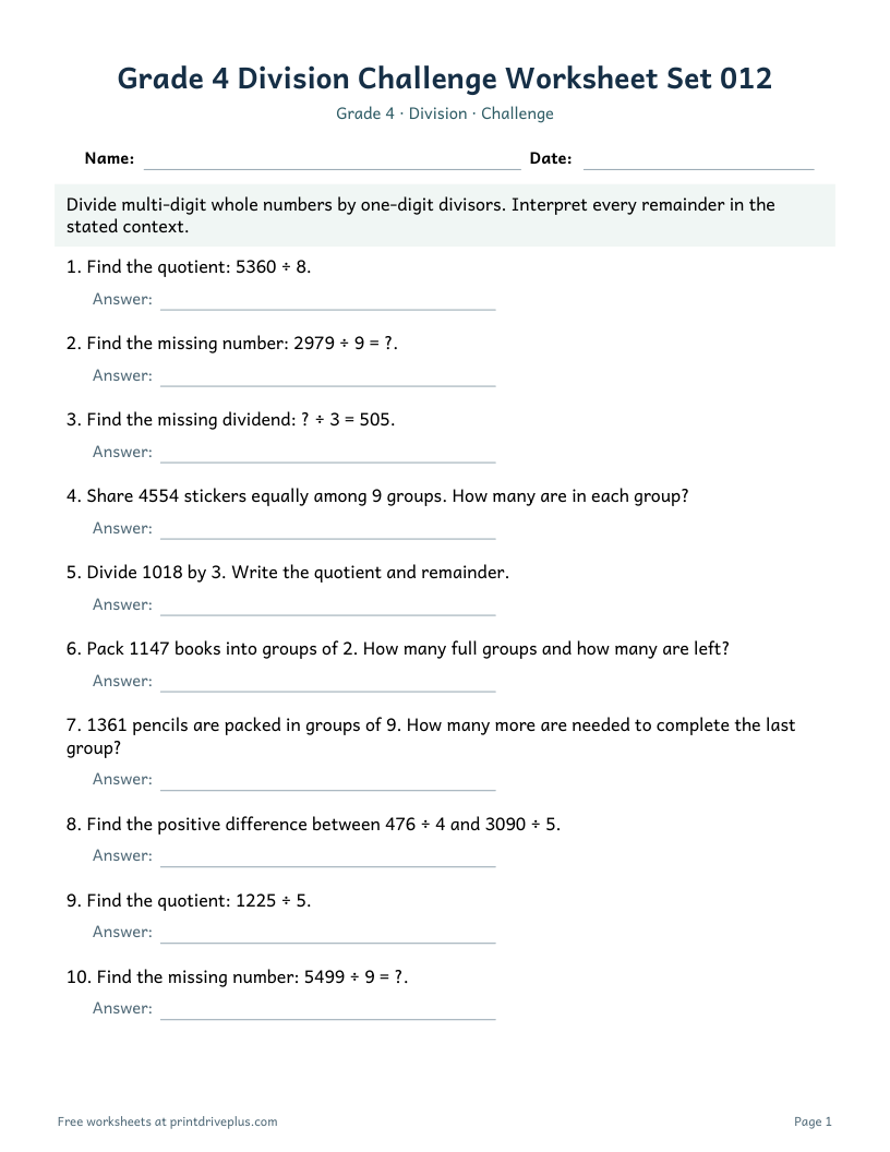 Preview of Grade 4 Division Challenge Worksheet Set 012