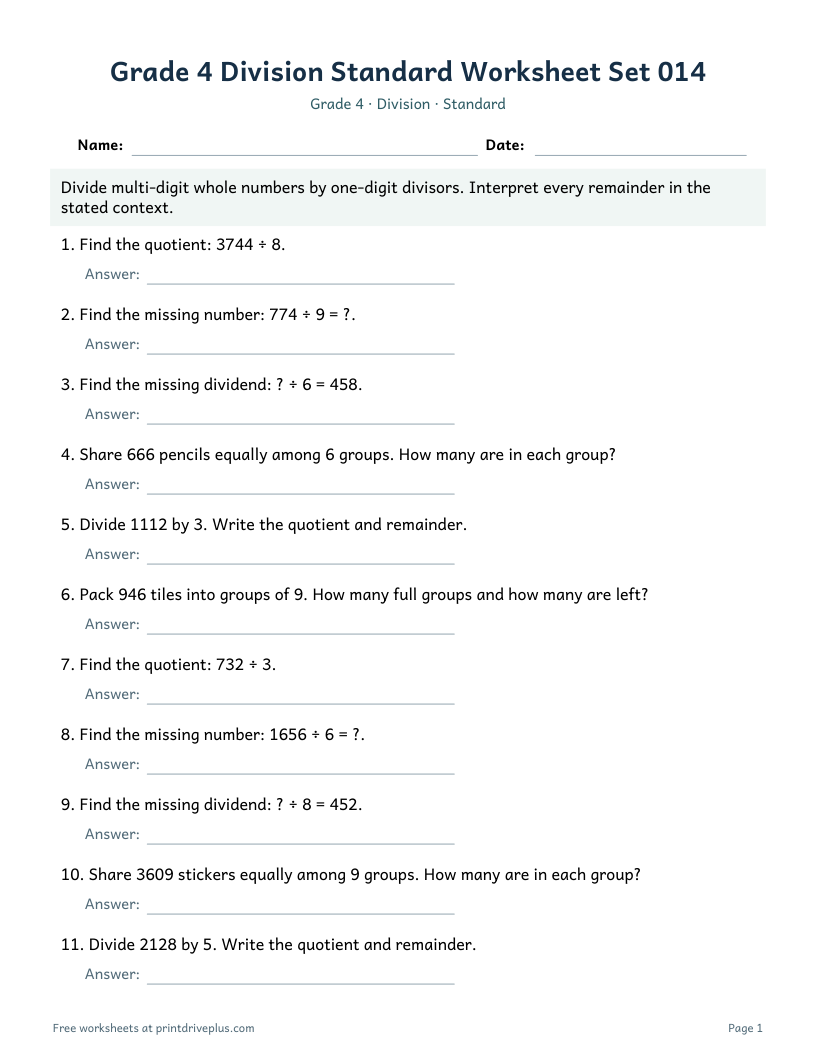 Preview of Grade 4 Division Standard Worksheet Set 014