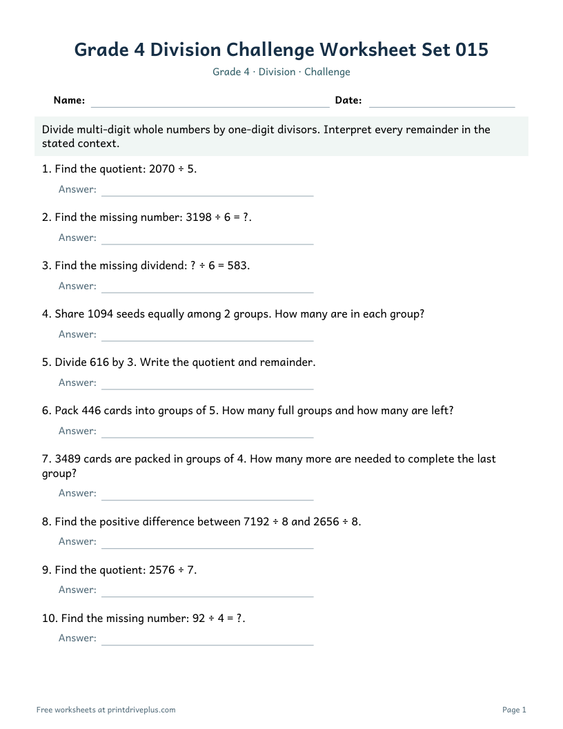 Preview of Grade 4 Division Challenge Worksheet Set 015