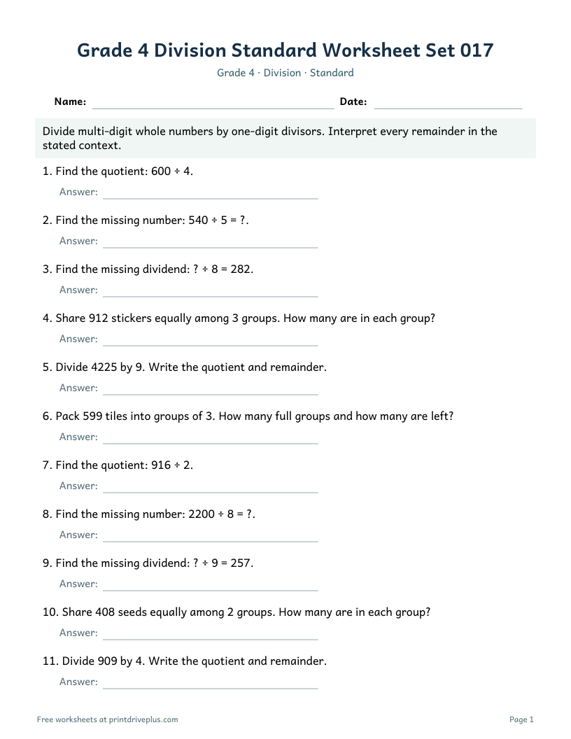 Preview of Grade 4 Division Standard Worksheet Set 017