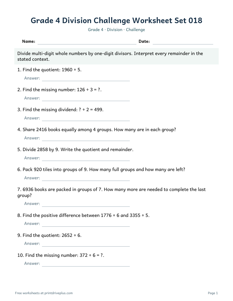Preview of Grade 4 Division Challenge Worksheet Set 018