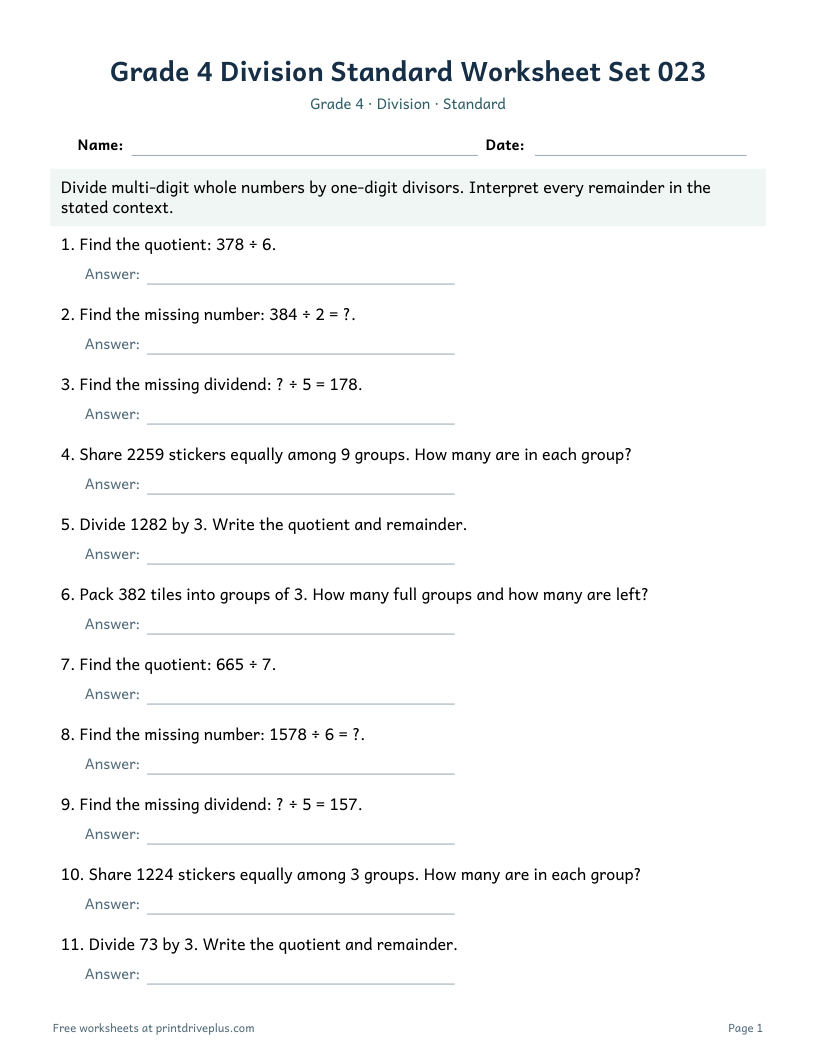 Preview of Grade 4 Division Standard Worksheet Set 023