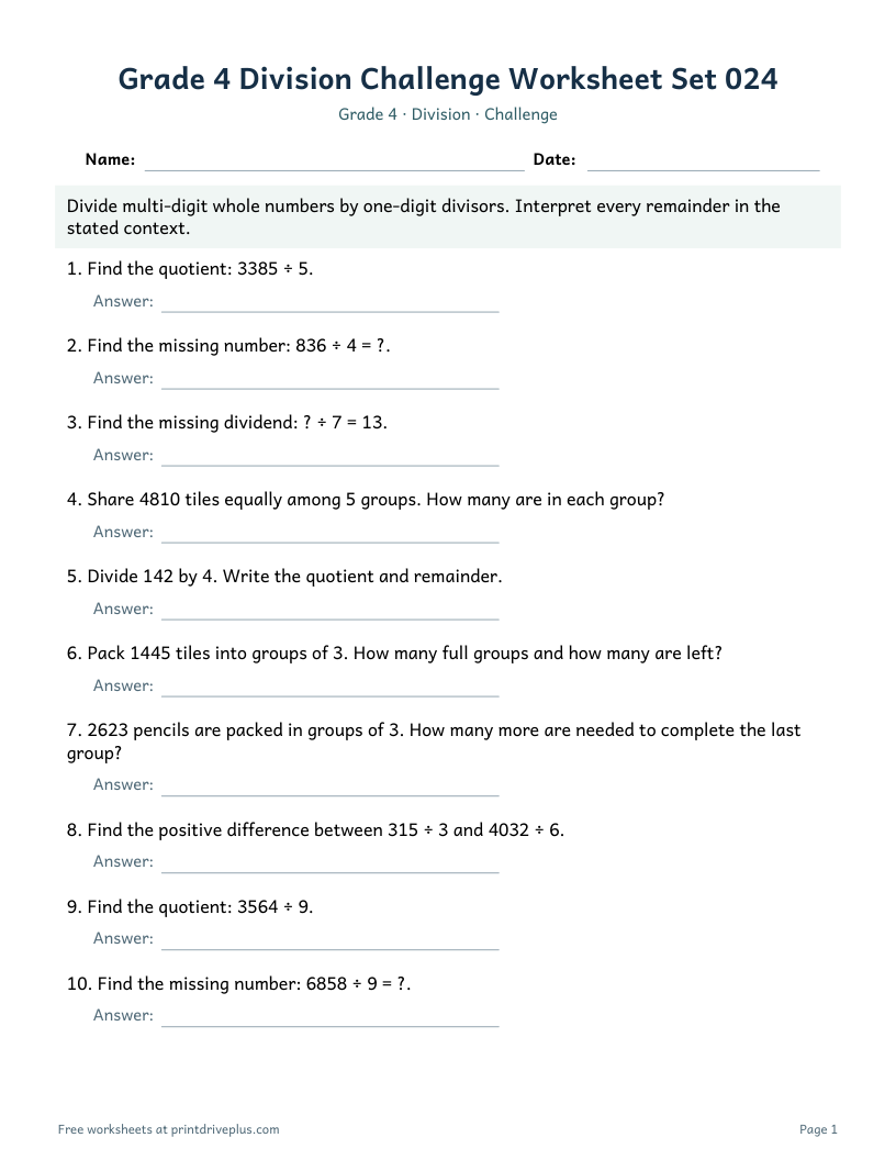 Preview of Grade 4 Division Challenge Worksheet Set 024