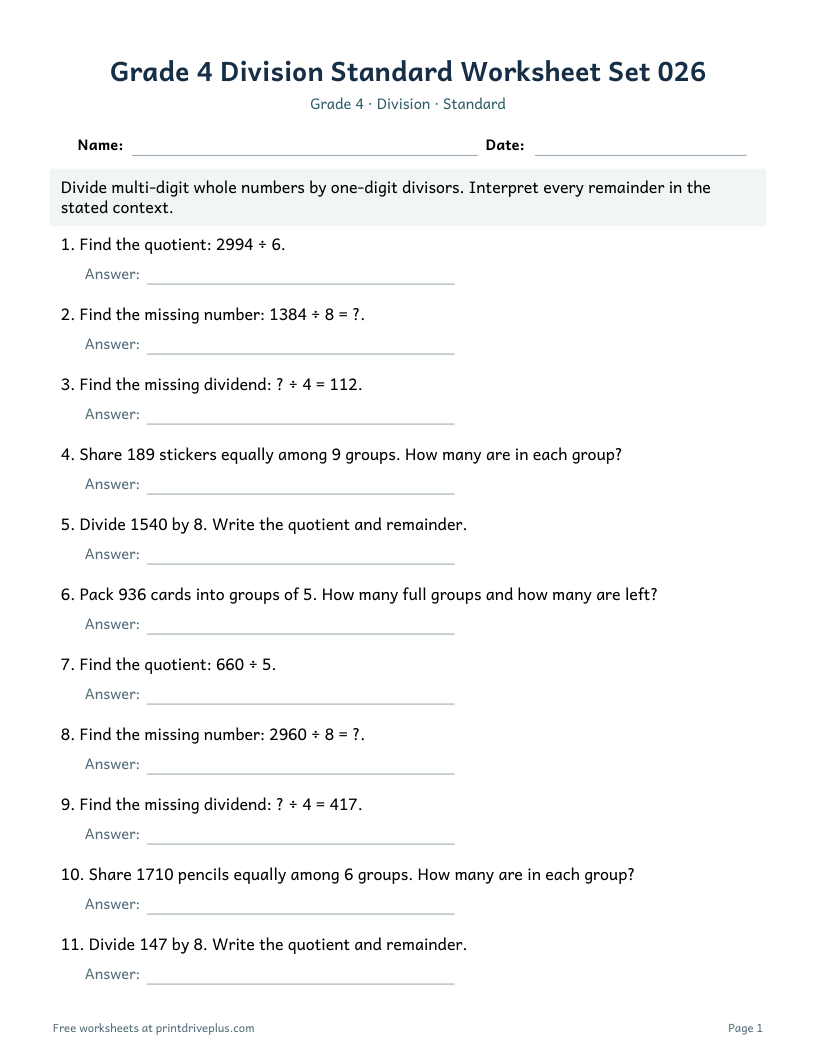 Preview of Grade 4 Division Standard Worksheet Set 026