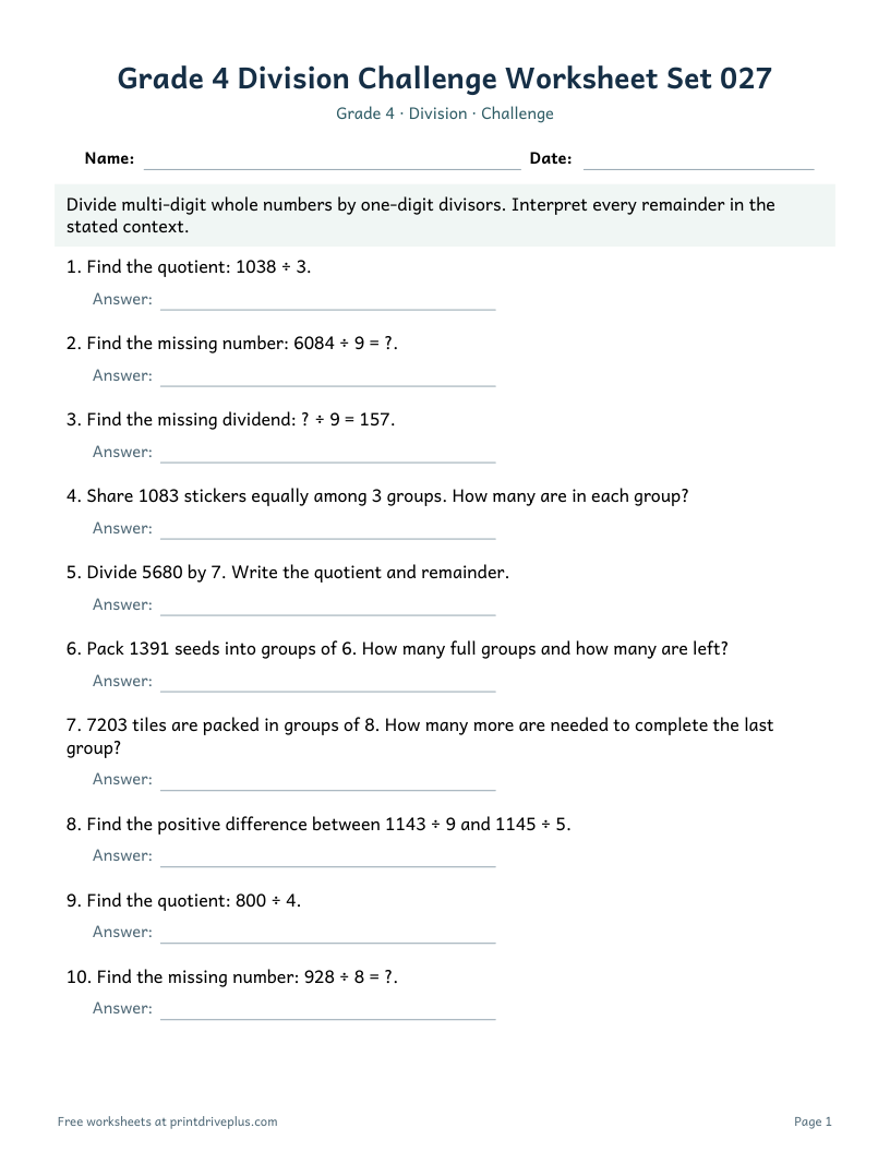 Preview of Grade 4 Division Challenge Worksheet Set 027