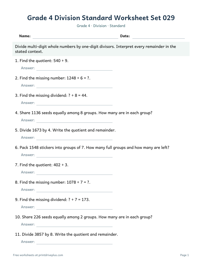 Preview of Grade 4 Division Standard Worksheet Set 029