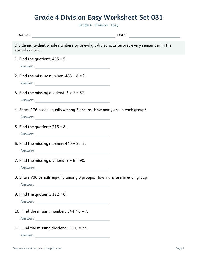 Preview of Grade 4 Division Easy Worksheet Set 031