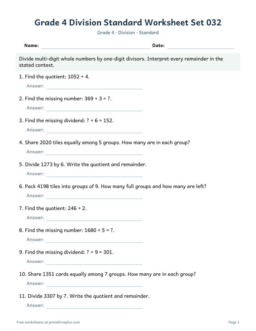 Preview of Grade 4 Division Standard Worksheet Set 032