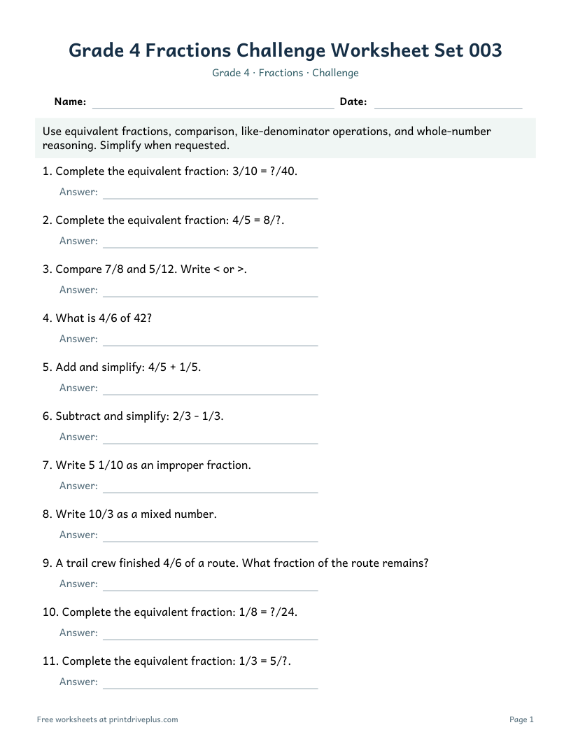 Preview of Grade 4 Fractions Challenge Worksheet Set 003