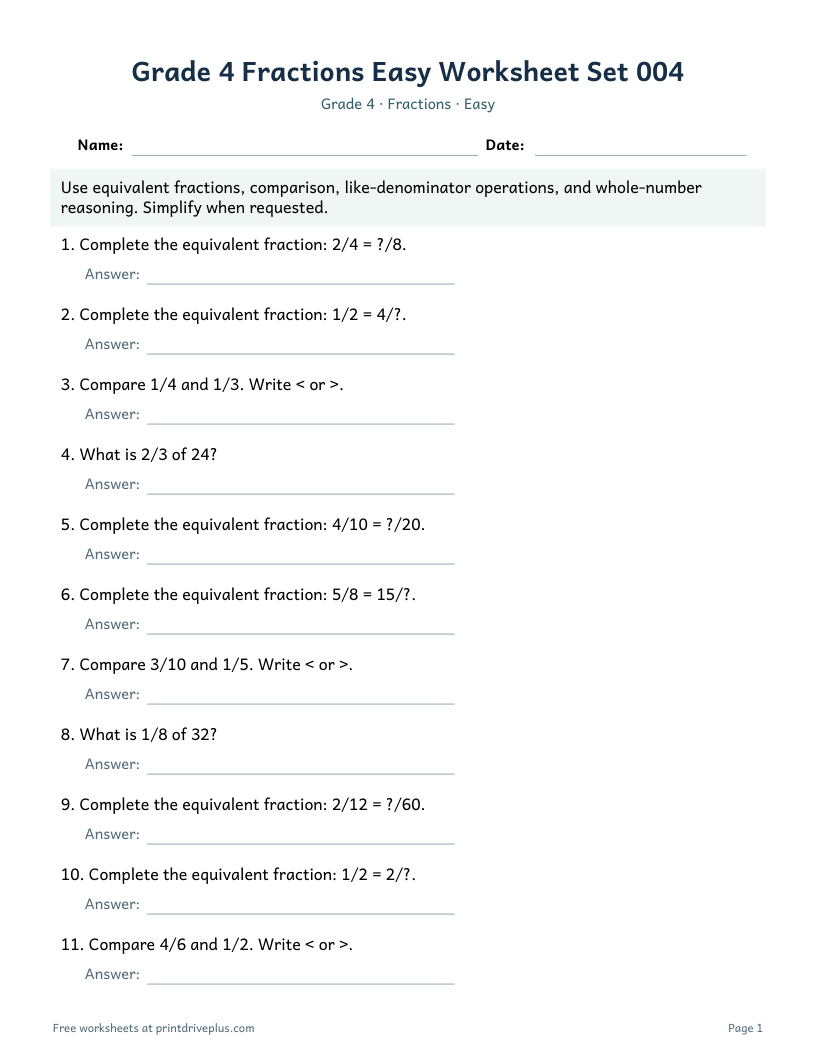 Preview of Grade 4 Fractions Easy Worksheet Set 004