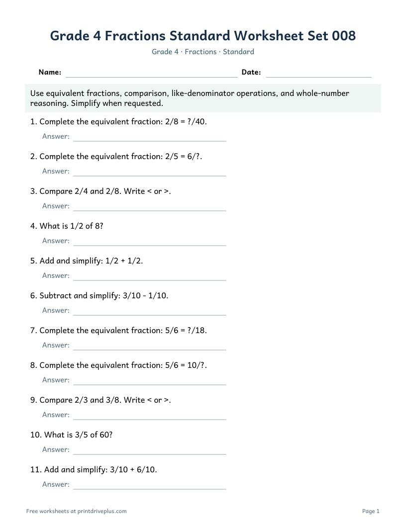 Preview of Grade 4 Fractions Standard Worksheet Set 008