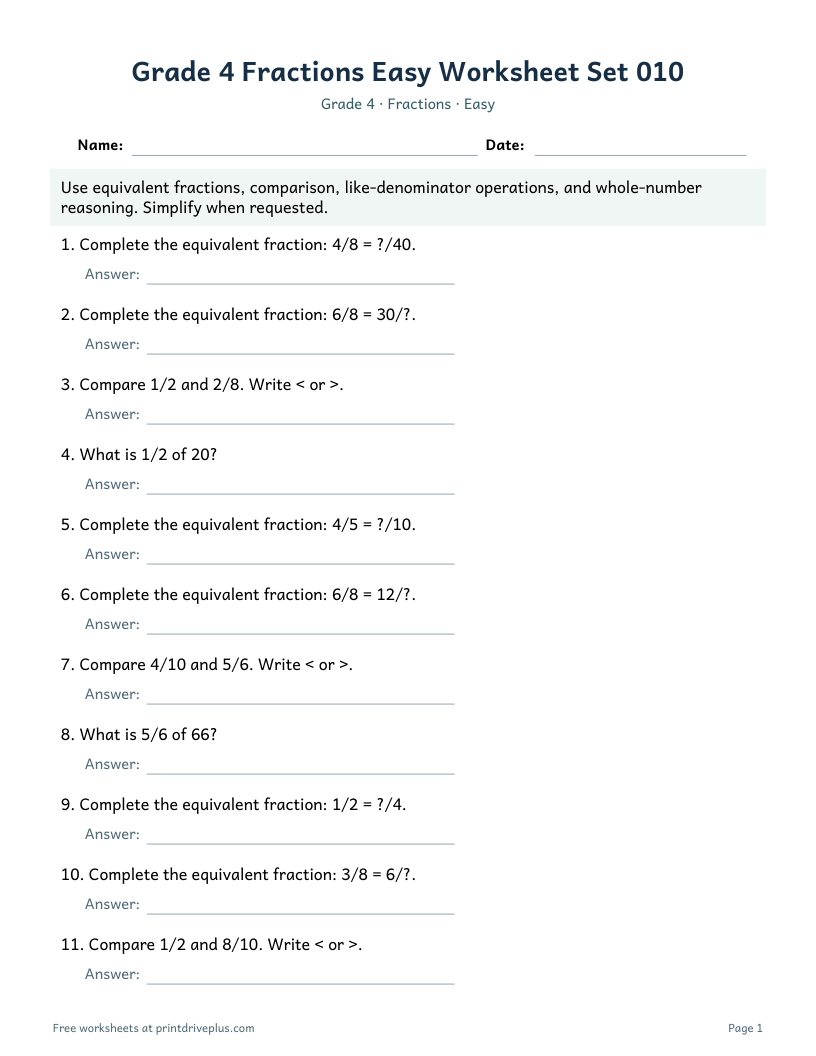 Preview of Grade 4 Fractions Easy Worksheet Set 010