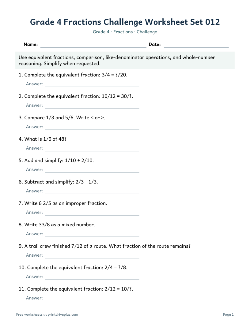 Preview of Grade 4 Fractions Challenge Worksheet Set 012