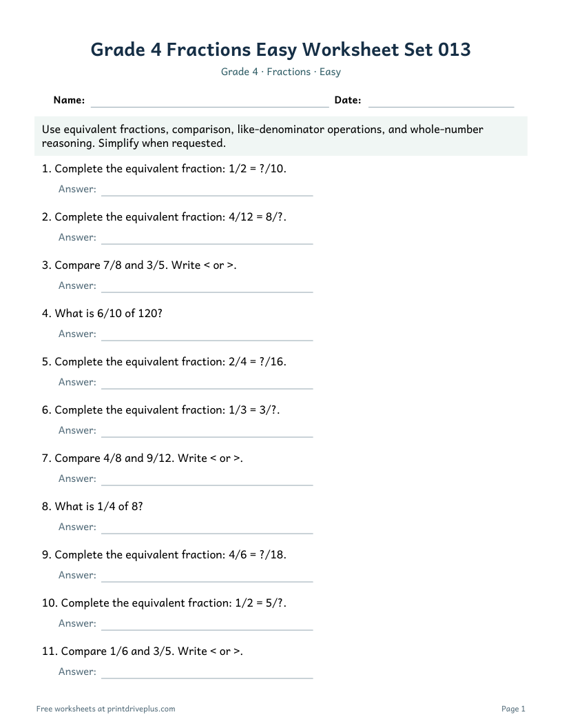 Preview of Grade 4 Fractions Easy Worksheet Set 013