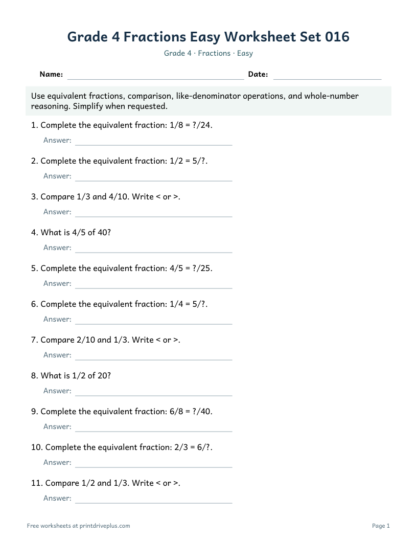 Preview of Grade 4 Fractions Easy Worksheet Set 016