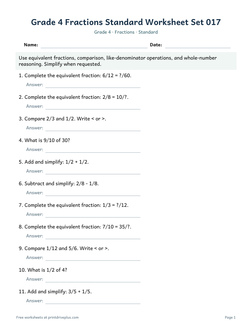 Preview of Grade 4 Fractions Standard Worksheet Set 017