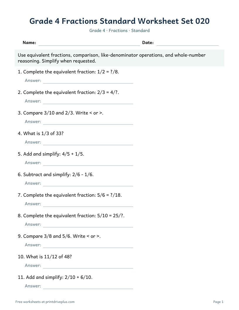 Preview of Grade 4 Fractions Standard Worksheet Set 020