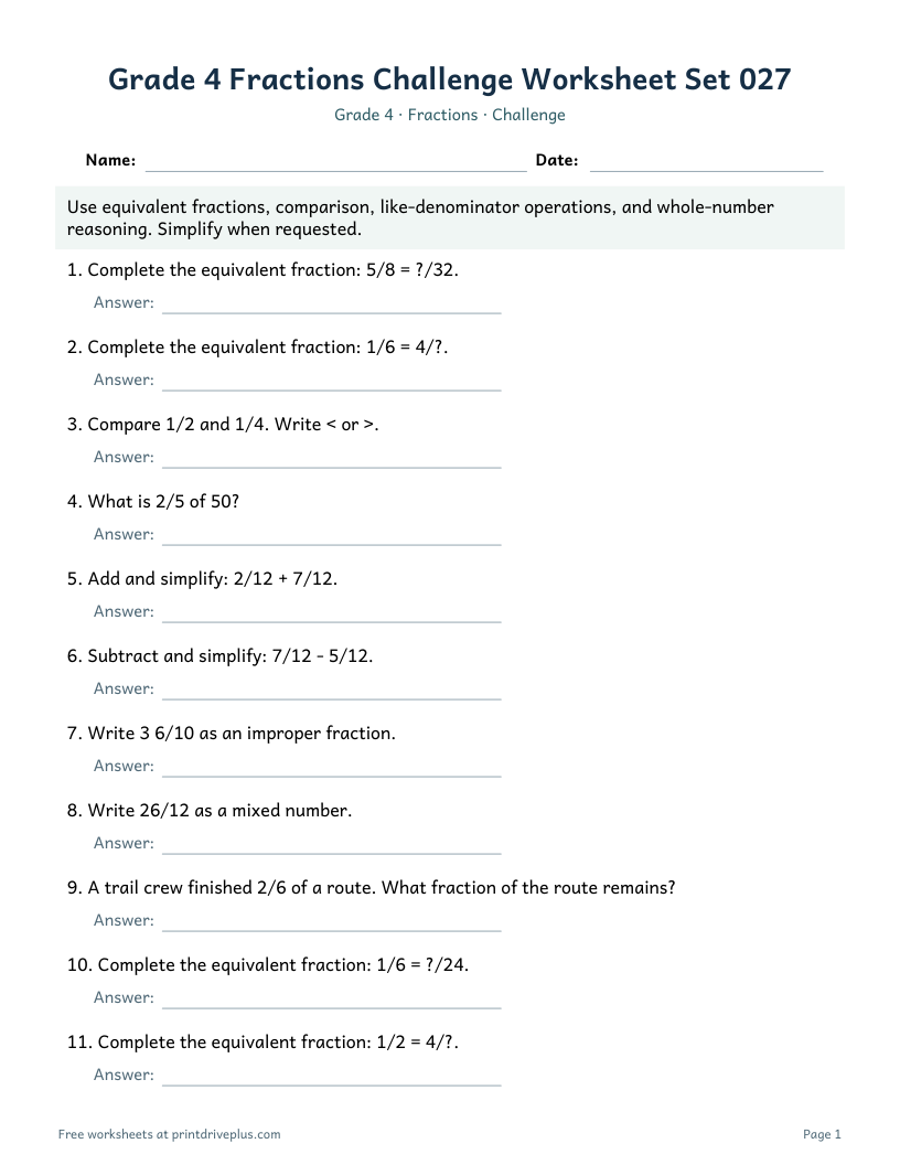 Preview of Grade 4 Fractions Challenge Worksheet Set 027