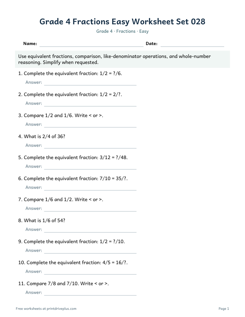 Preview of Grade 4 Fractions Easy Worksheet Set 028