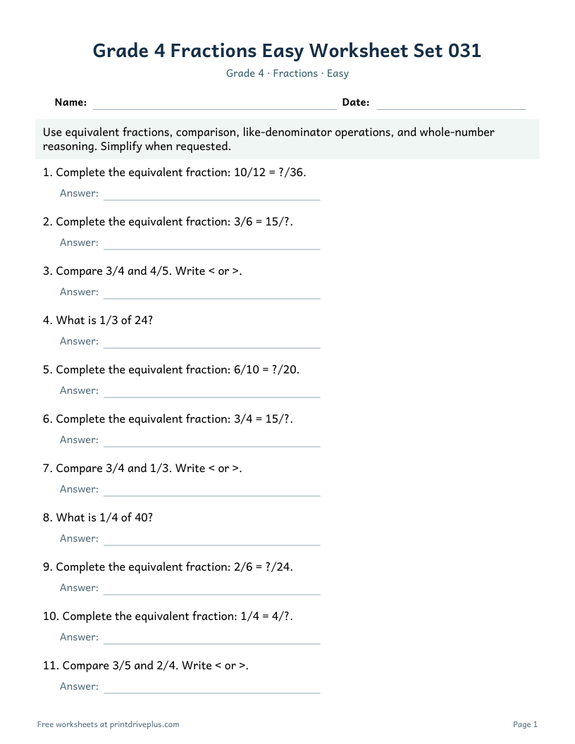 Preview of Grade 4 Fractions Easy Worksheet Set 031