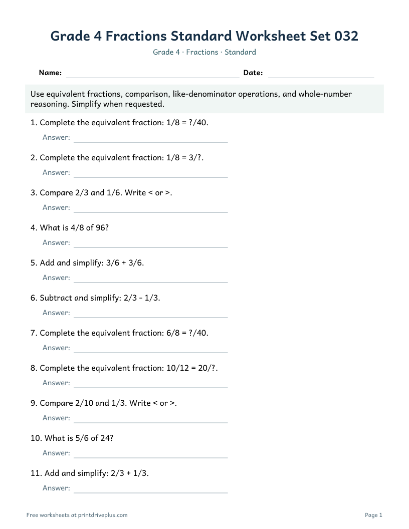 Preview of Grade 4 Fractions Standard Worksheet Set 032