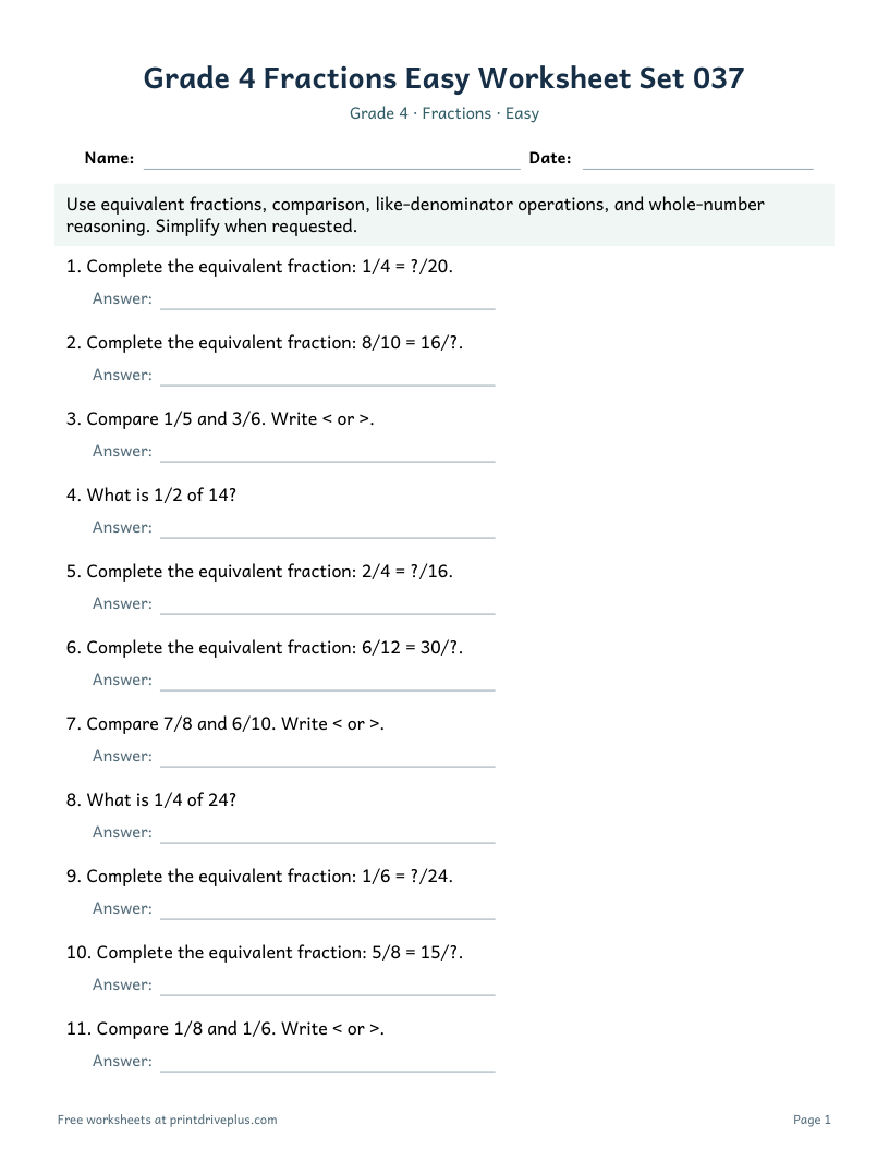Preview of Grade 4 Fractions Easy Worksheet Set 037