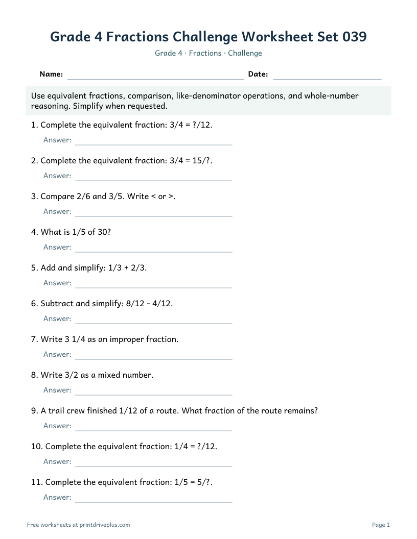 Preview of Grade 4 Fractions Challenge Worksheet Set 039