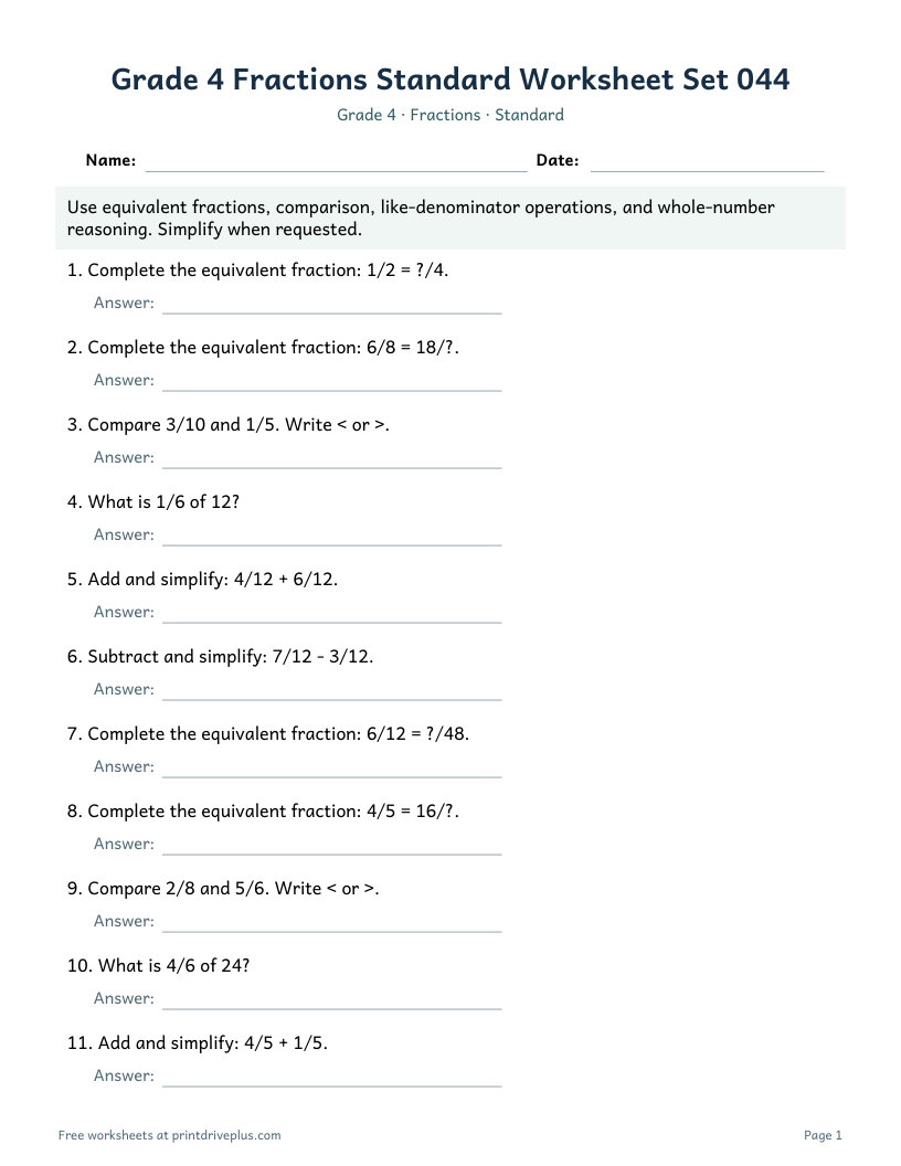 Preview of Grade 4 Fractions Standard Worksheet Set 044