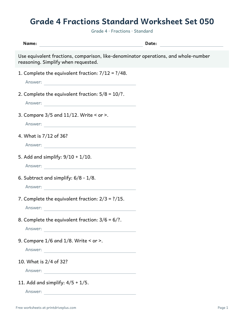Preview of Grade 4 Fractions Standard Worksheet Set 050