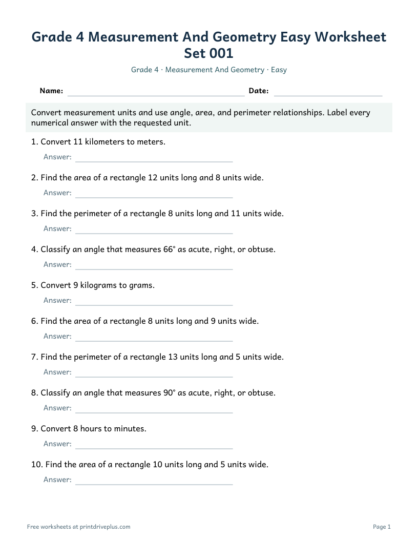 Preview of Grade 4 Measurement And Geometry Easy Worksheet Set 001