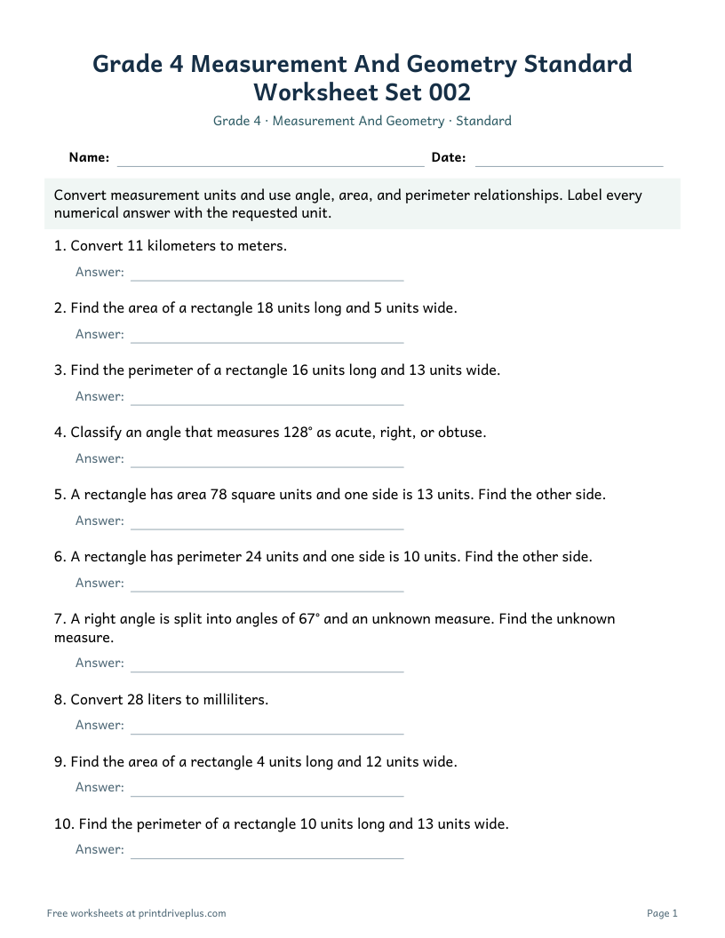 Preview of Grade 4 Measurement And Geometry Standard Worksheet Set 002