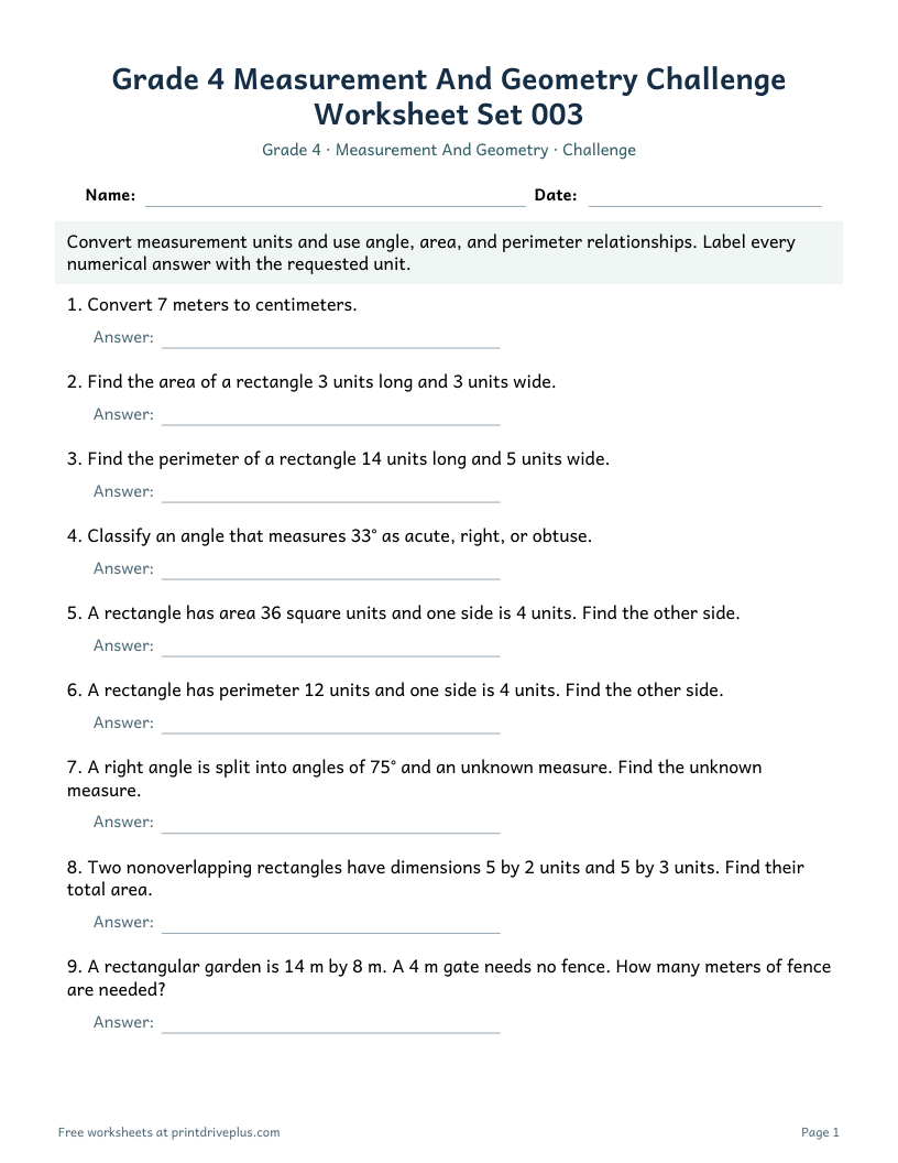 Preview of Grade 4 Measurement And Geometry Challenge Worksheet Set 003