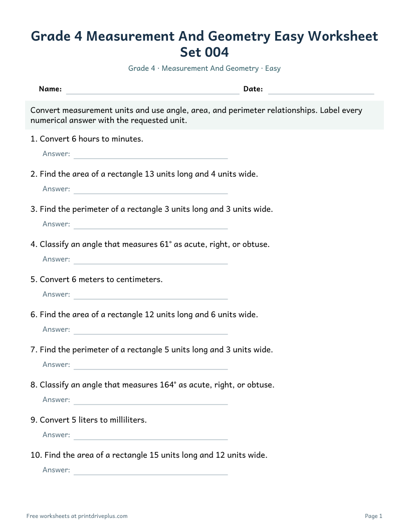Preview of Grade 4 Measurement And Geometry Easy Worksheet Set 004