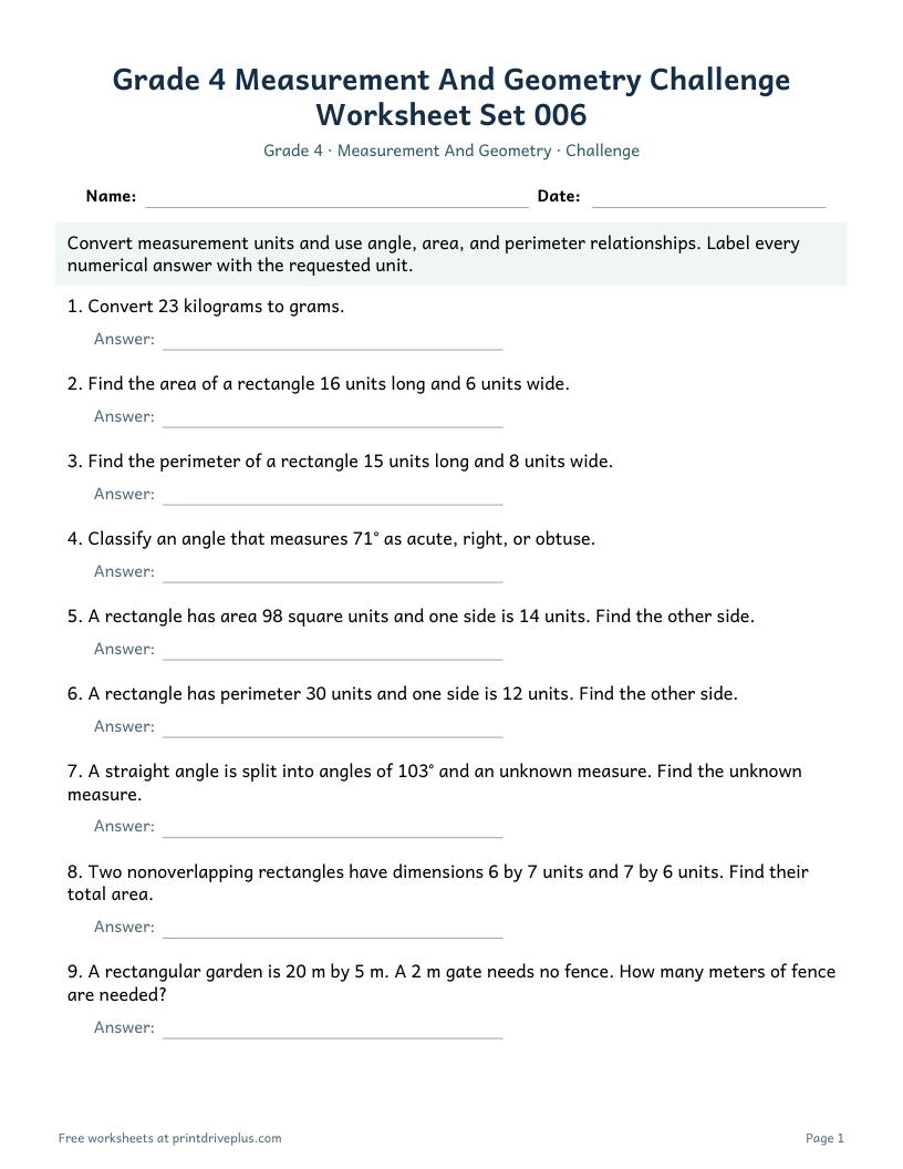 Preview of Grade 4 Measurement And Geometry Challenge Worksheet Set 006