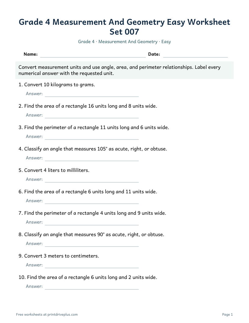 Preview of Grade 4 Measurement And Geometry Easy Worksheet Set 007