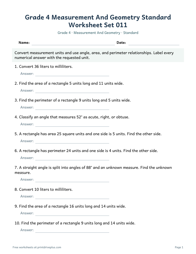 Preview of Grade 4 Measurement And Geometry Standard Worksheet Set 011