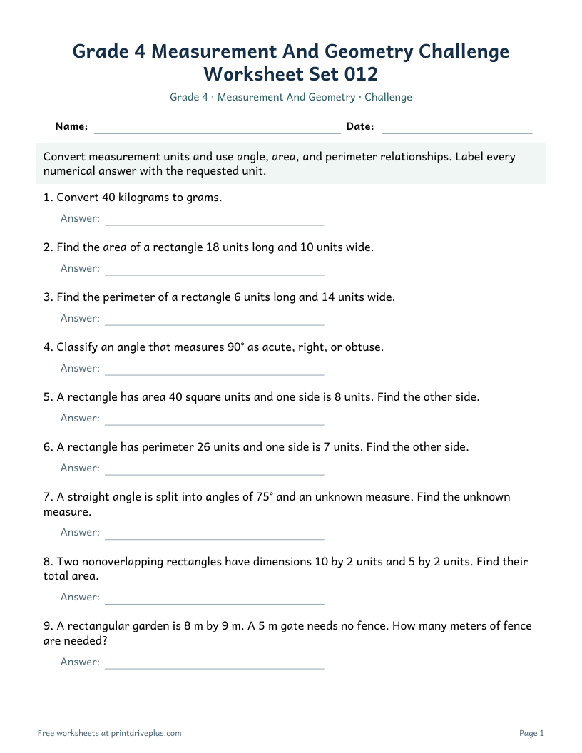 Preview of Grade 4 Measurement And Geometry Challenge Worksheet Set 012