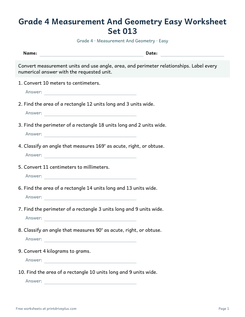 Preview of Grade 4 Measurement And Geometry Easy Worksheet Set 013