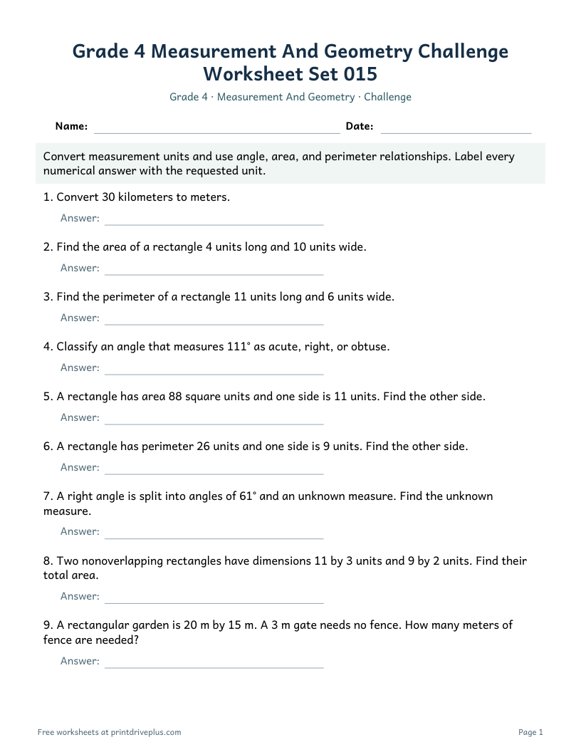 Preview of Grade 4 Measurement And Geometry Challenge Worksheet Set 015