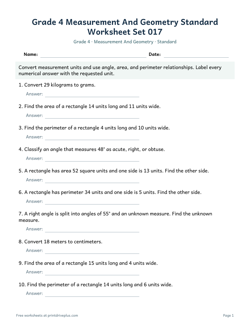 Preview of Grade 4 Measurement And Geometry Standard Worksheet Set 017