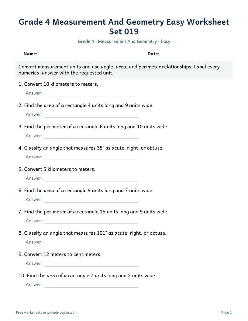 Preview of Grade 4 Measurement And Geometry Easy Worksheet Set 019