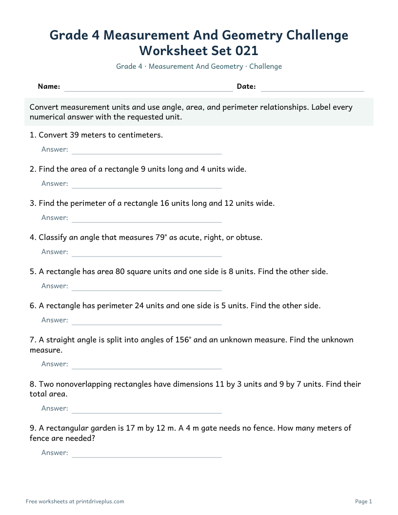 Preview of Grade 4 Measurement And Geometry Challenge Worksheet Set 021