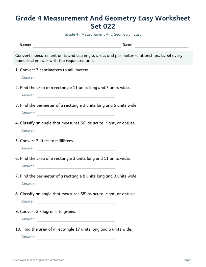 Preview of Grade 4 Measurement And Geometry Easy Worksheet Set 022