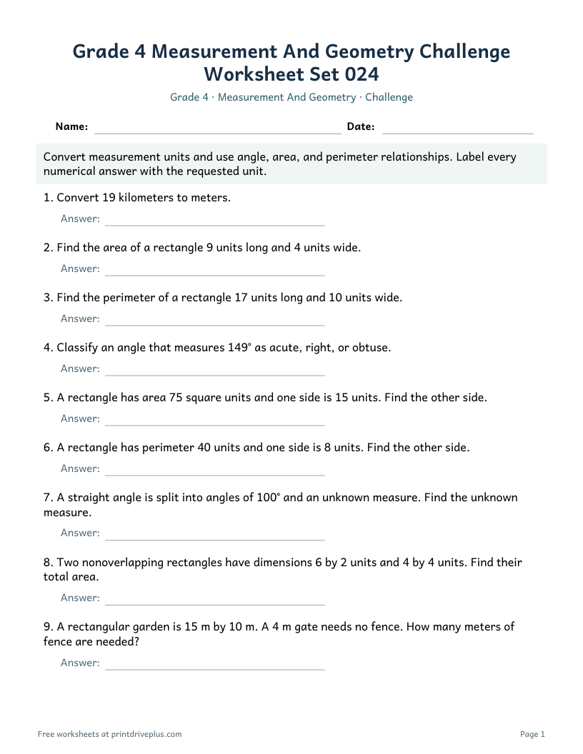 Preview of Grade 4 Measurement And Geometry Challenge Worksheet Set 024
