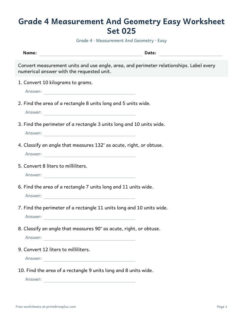 Preview of Grade 4 Measurement And Geometry Easy Worksheet Set 025